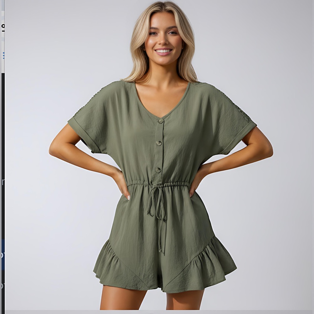 Khaki Drawstring Waist Ruffle Hem Romper - Picture 1 of 9